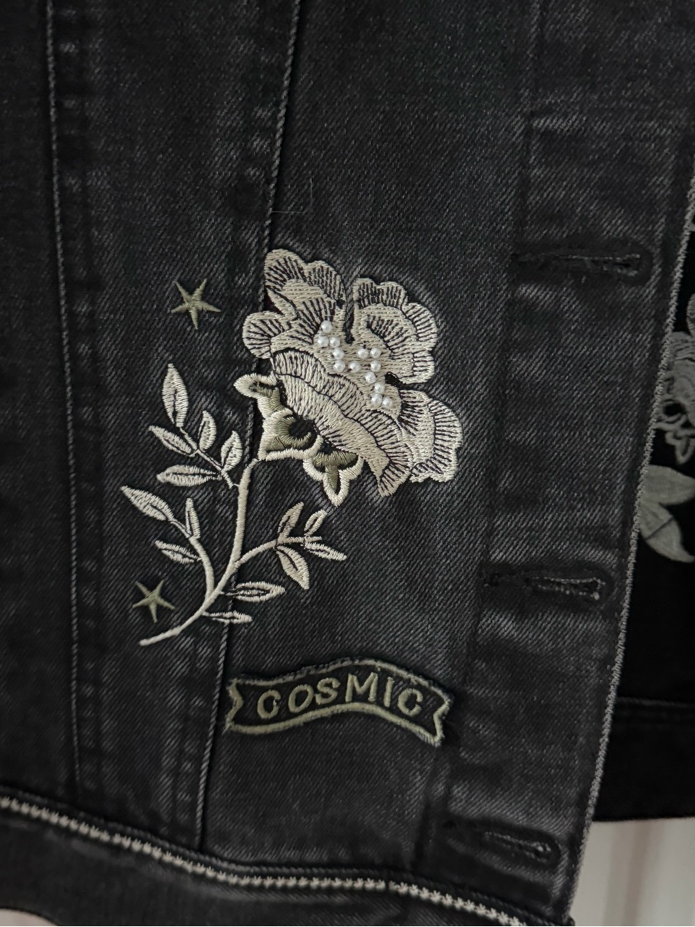 Spell Black Embroidered Beaded Denim Jacket size Small Boyfriend cut - Picture 3 of 13